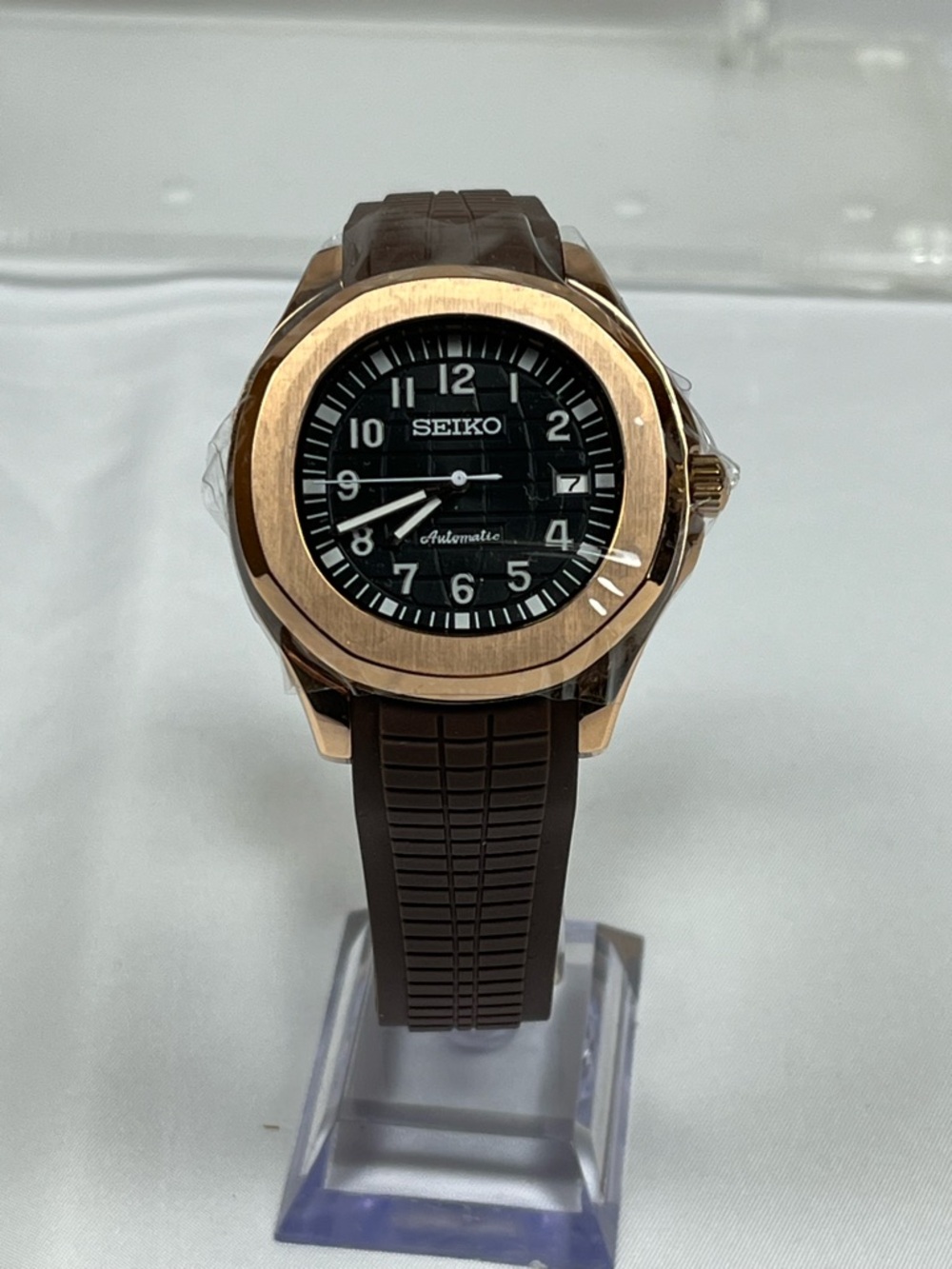 Luxury Automatic Watch Rose Gold Nautilus Style Black Dial NH35